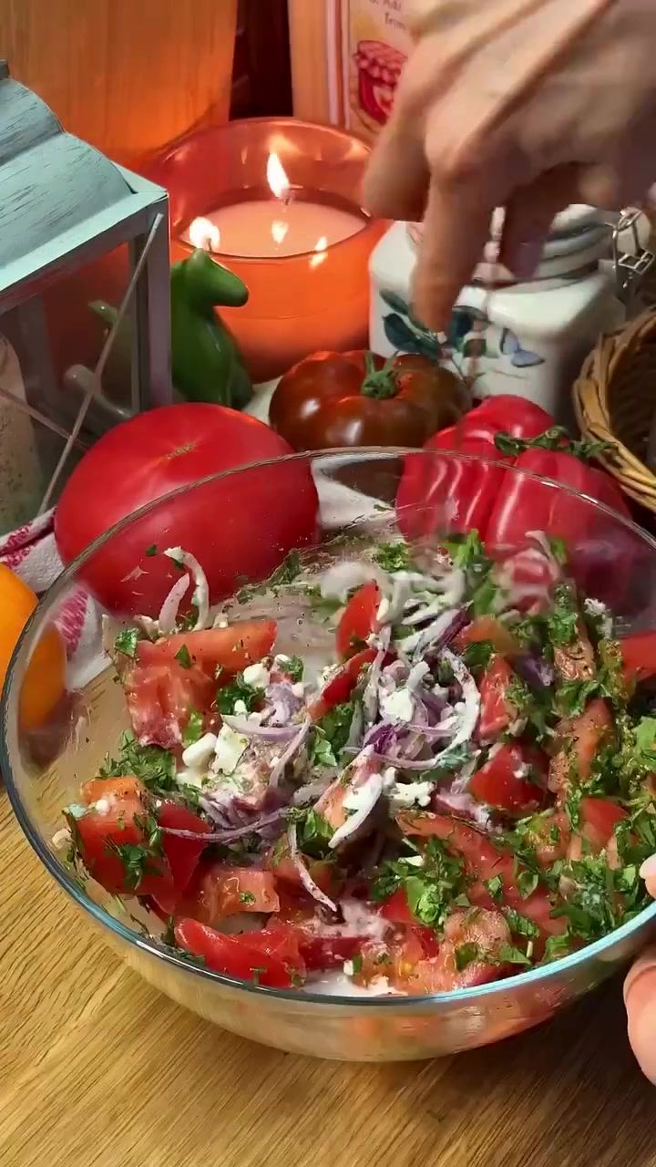 Салат с зерненым творогом, томатами и кинзой